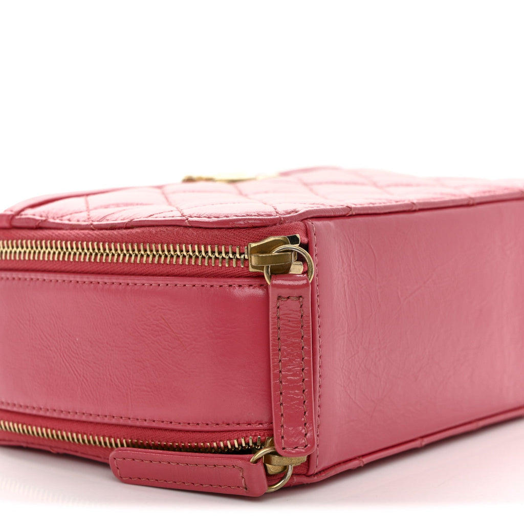 Crumpled Calfskin Quilted Small Get Round Top Handle Vanity Case Pink