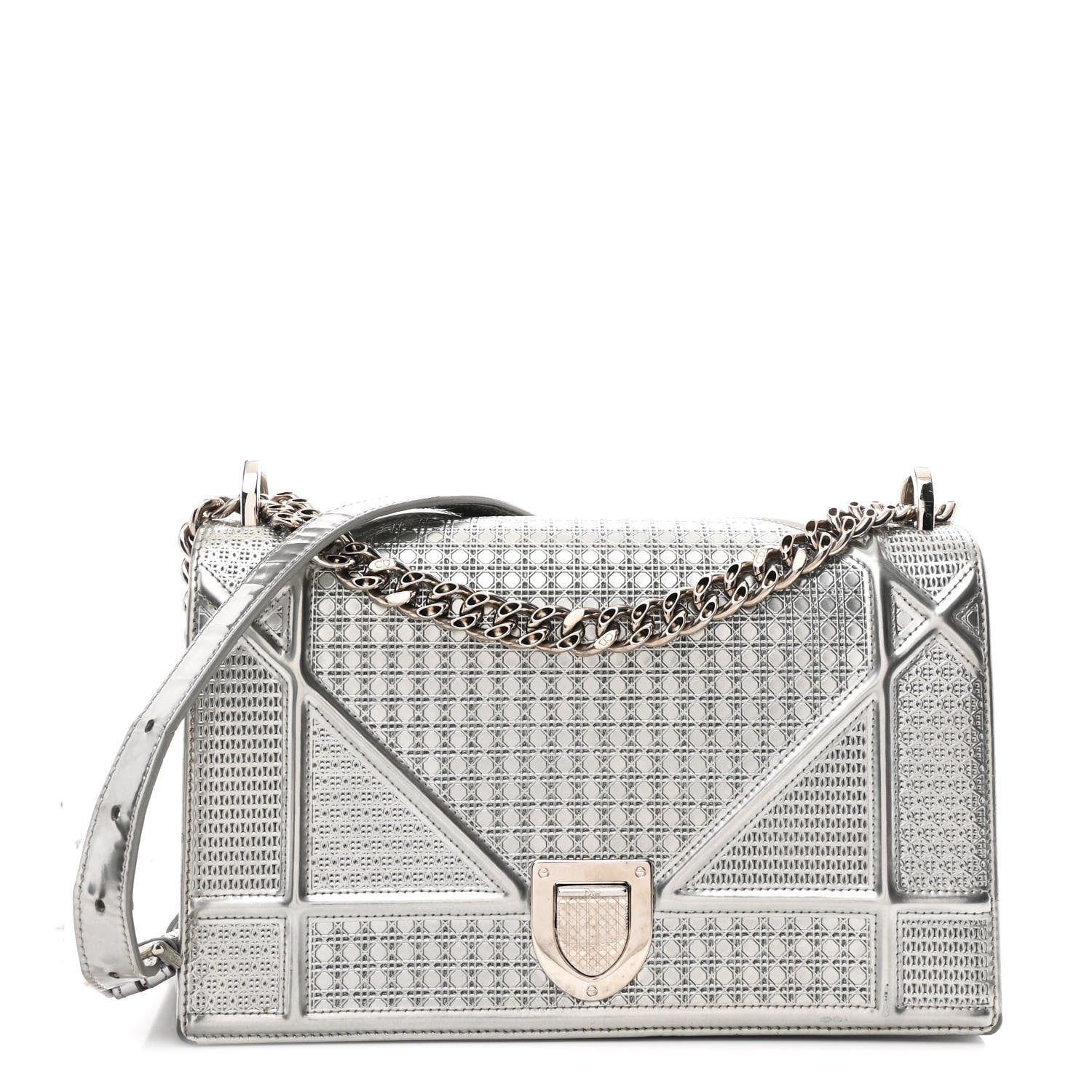Metallic Patent Micro-Cannage Medium Diorama Flap Bag Silver