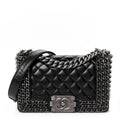 Glazed Calfskin Quilted Small Boy Chained Flap Black