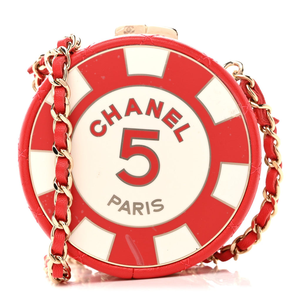 Lambskin Enamel Quilted Round Poker Chip Clutch With Chain Red White