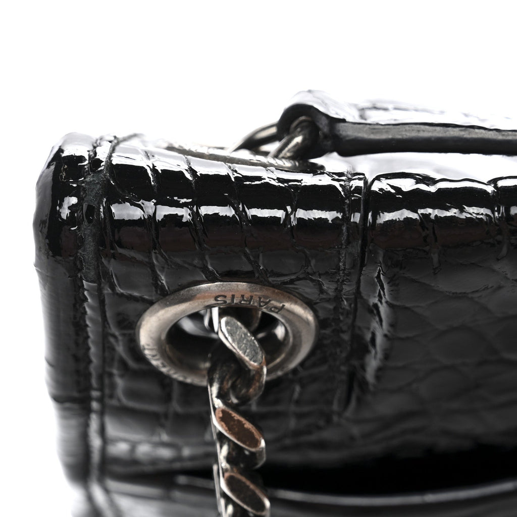 Patent Crocodile Embossed Lambskin Monogram Medium Niki Chain Satchel Black