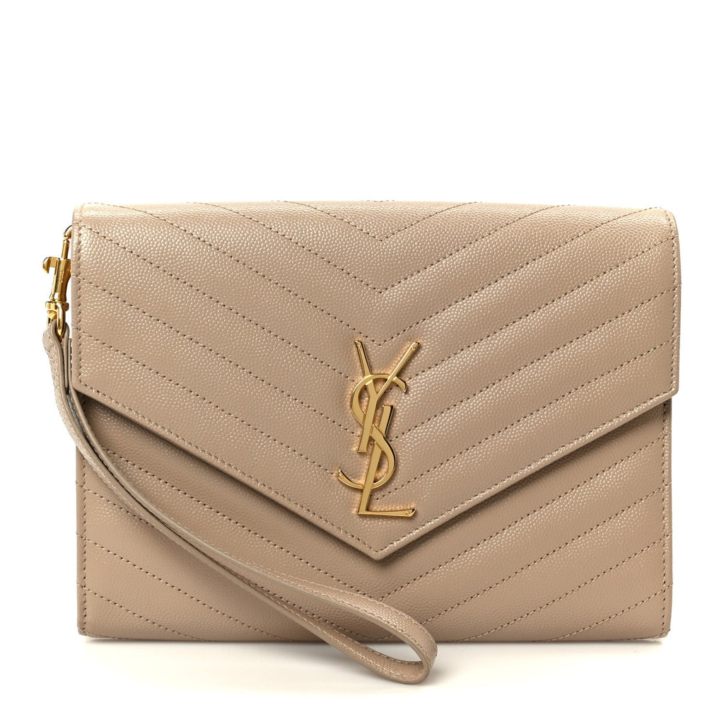 Grain De Poudre Matelasse Chevron Monogram Cassandre Flap Pouch Dark Beige