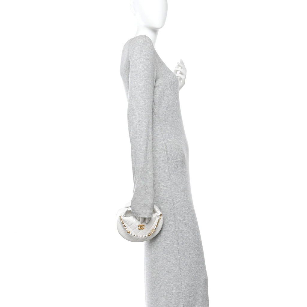 Caviar Quilted Pearl Chain Pouch Hobo White