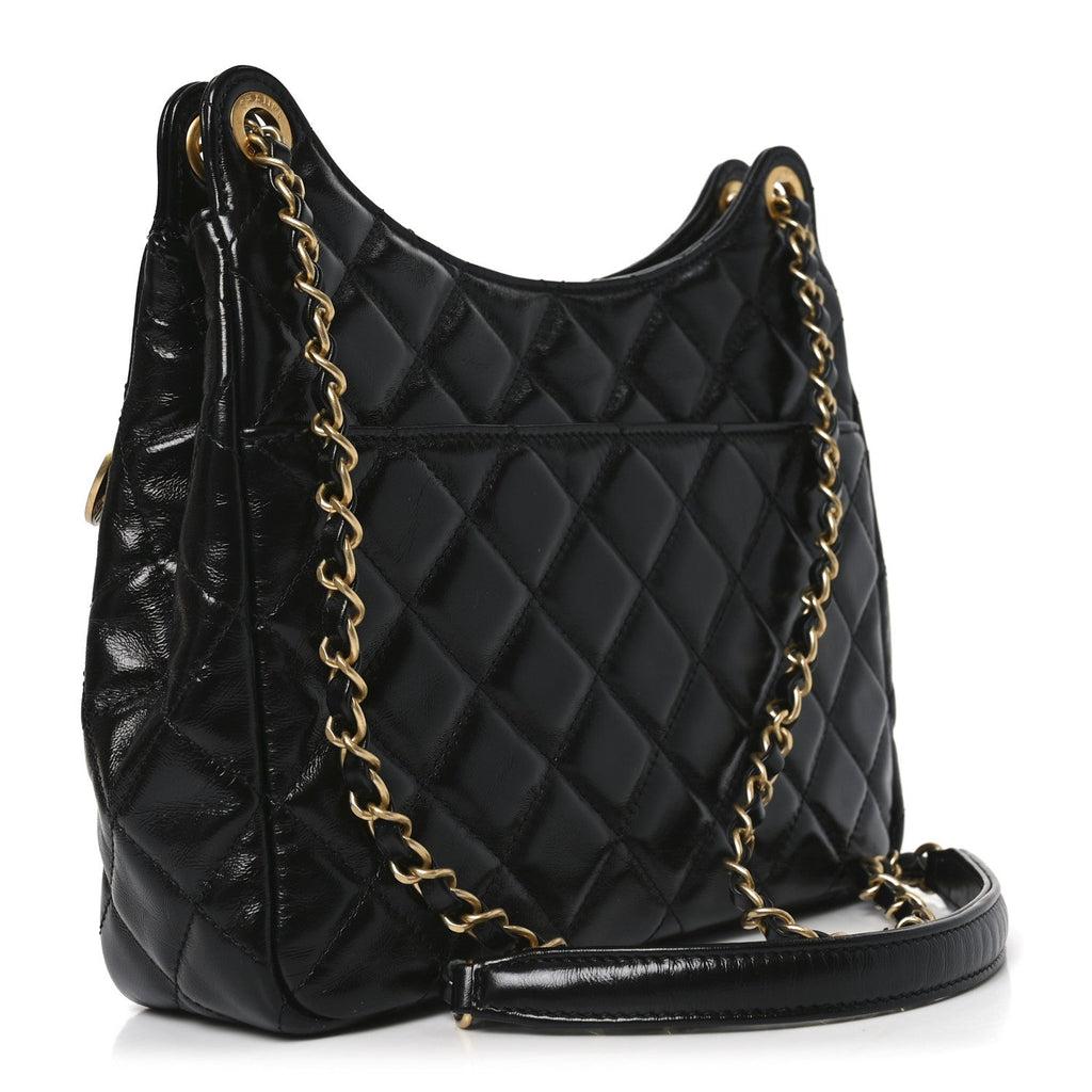 Shiny Crumpled Calfskin Quilted Wavy CC Hobo Black