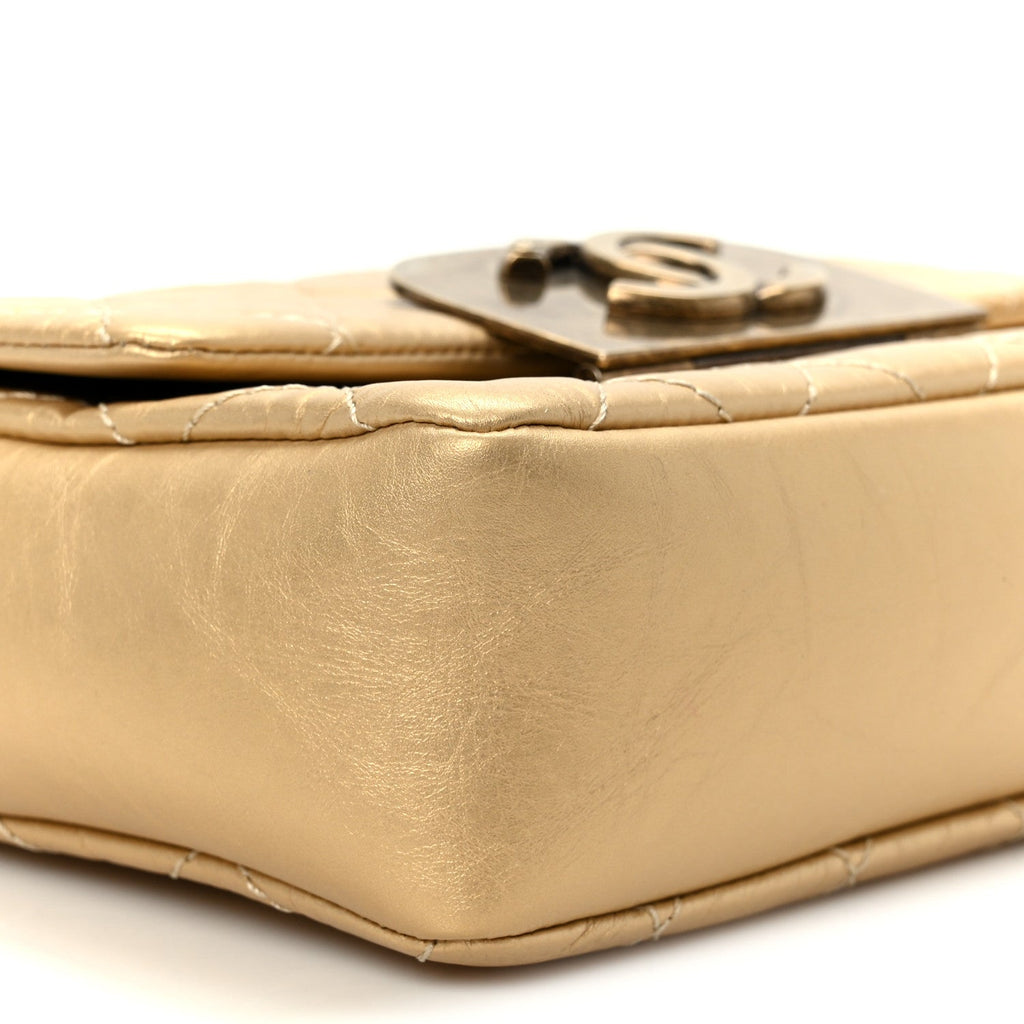 Metallic Aged Calfskin Quilted CC Square Flap Light Gold