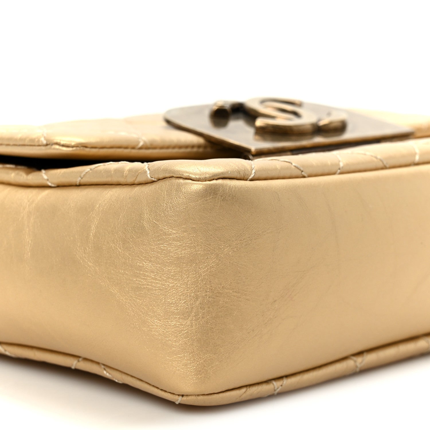 Metallic Aged Calfskin Quilted CC Square Flap Light Gold