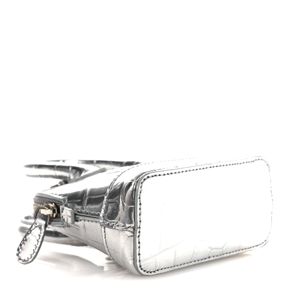 Metallic Calfskin Logo Crocodile Embossed Mini Ville Top Handle Bag Silver Black