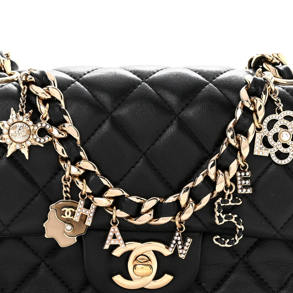 Lambskin Quilted Mini Coco Charms Rectangular Flap Black