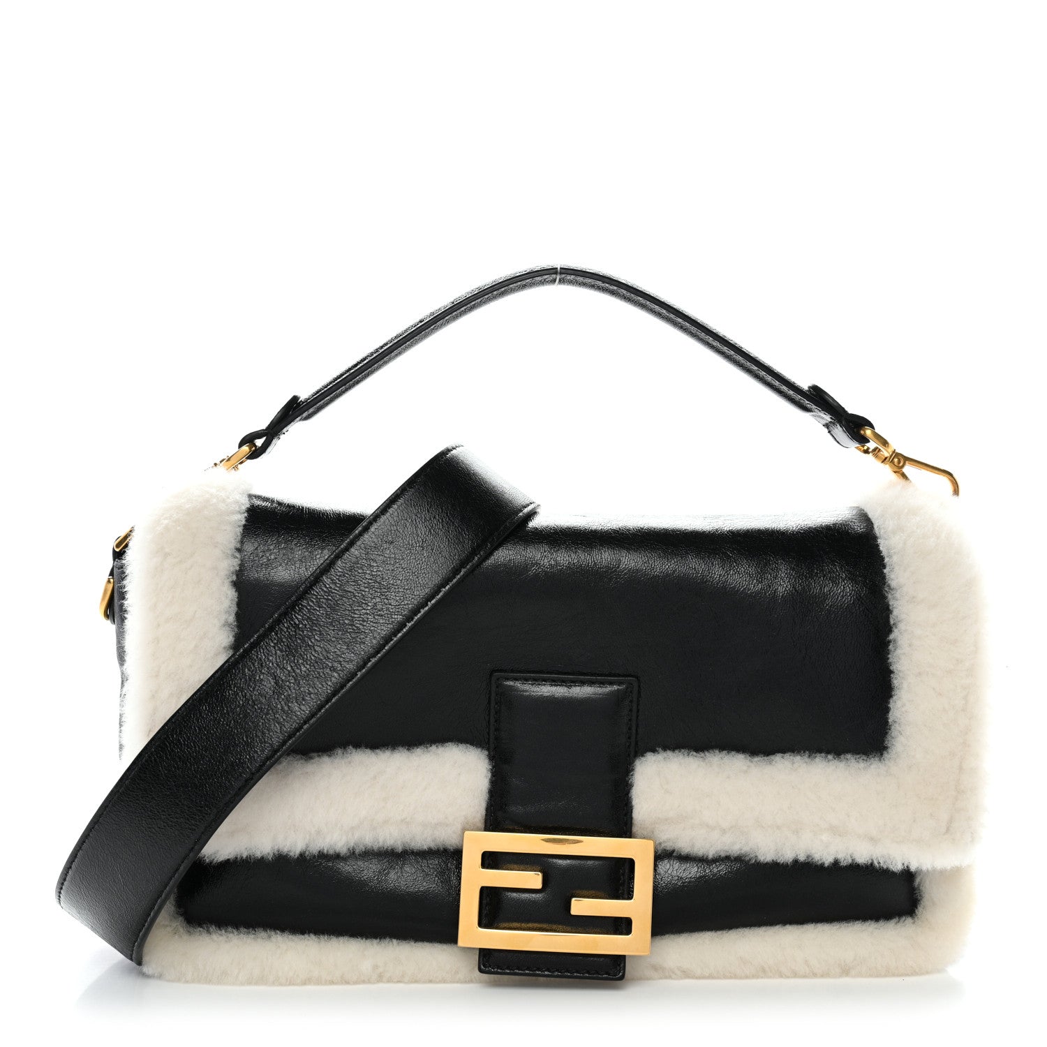 Lambskin Sheepskin Fur Large Baguette Black