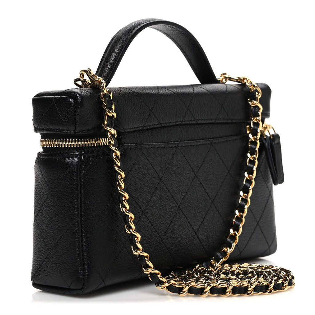 Goatskin Quilted Top Handle Slim Vanity With Chain Black