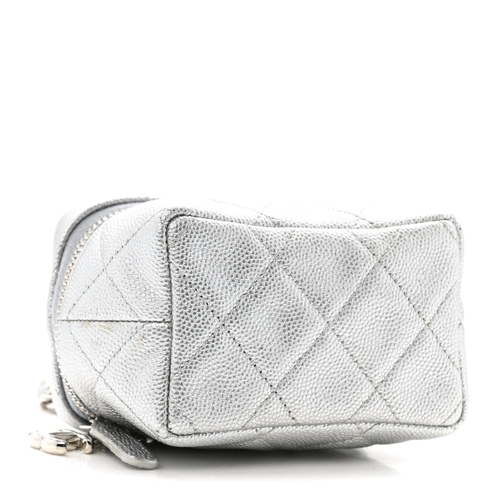Metallic Caviar Quilted Mini Top Handle Vanity With Chain Silver