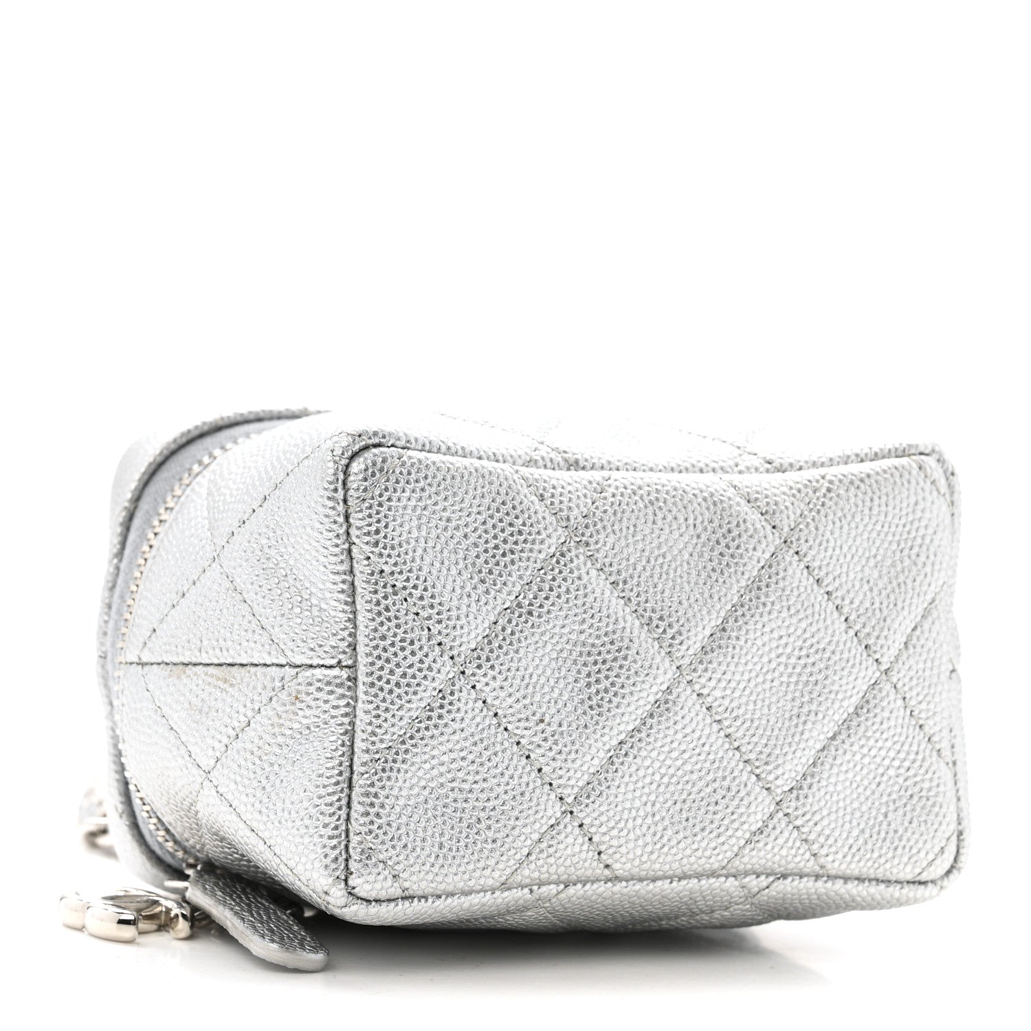 Metallic Caviar Quilted Mini Top Handle Vanity With Chain Silver