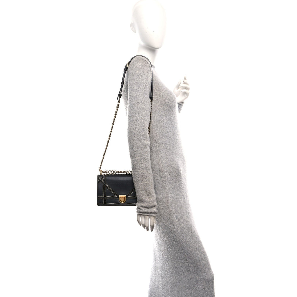 Lambskin Studded Medium Diorama Flap Bag Black