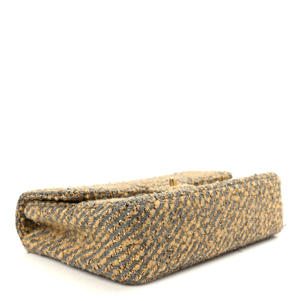 Metallic Tweed Quilted Medium Single Flap Beige Grey Gold