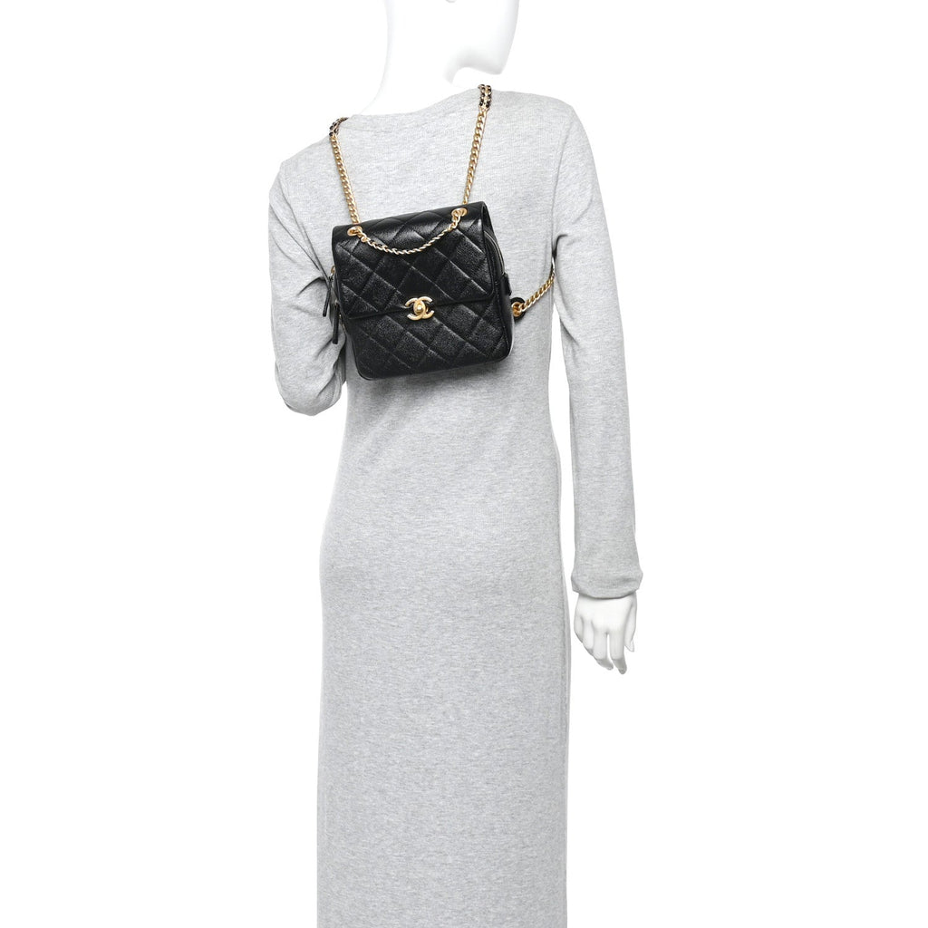 Shiny Caviar Quilted Chain Melody Backpack Black