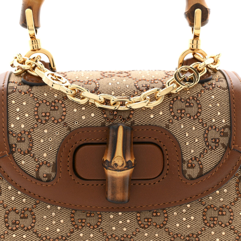 New Canvas Charisma Calfskin Crystal GG Monogram Small Bamboo 1947 Top Handle Bag Camel Ebony