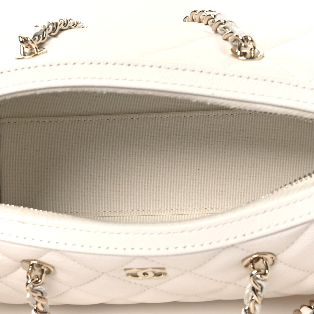 Caviar Quilted Barrel Clutch With Chain White
