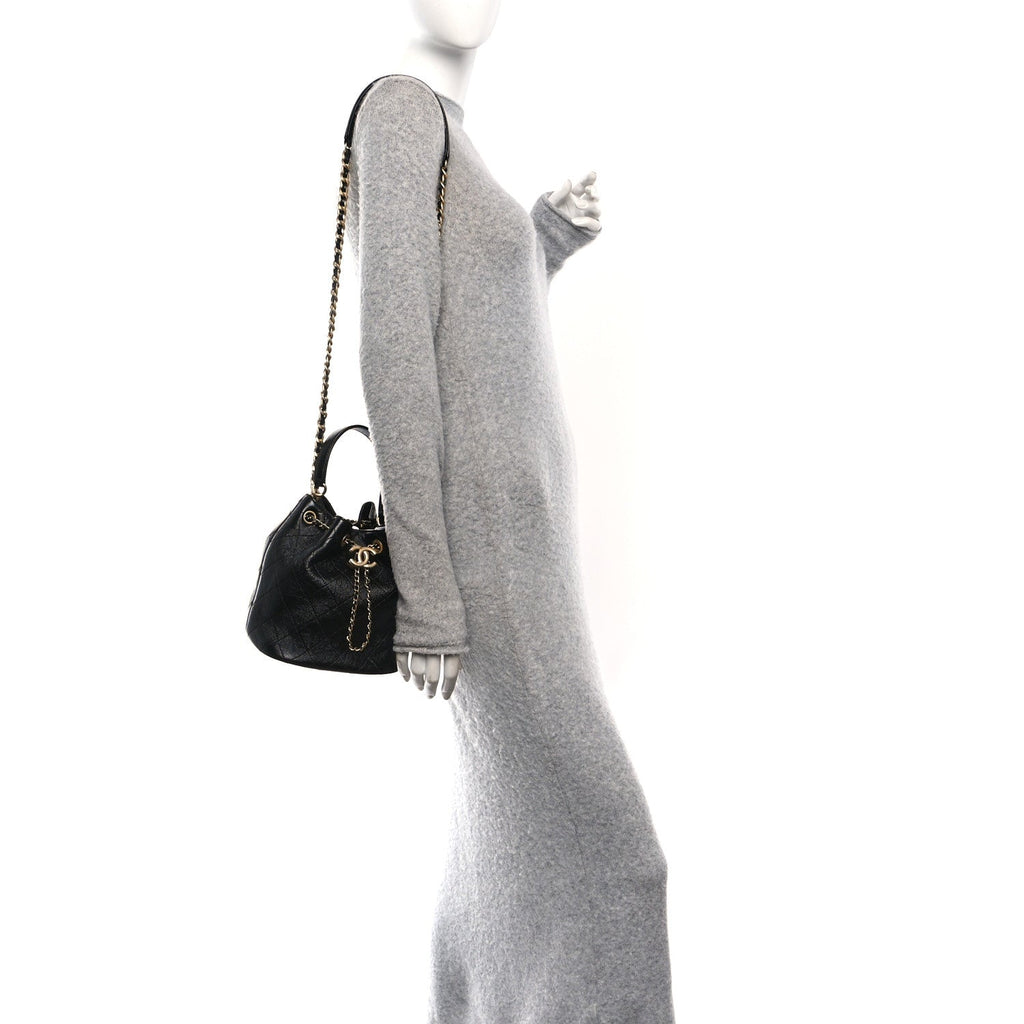 Shiny Lambskin Quilted Fashion Therapy Bucket Drawstring Bag Black