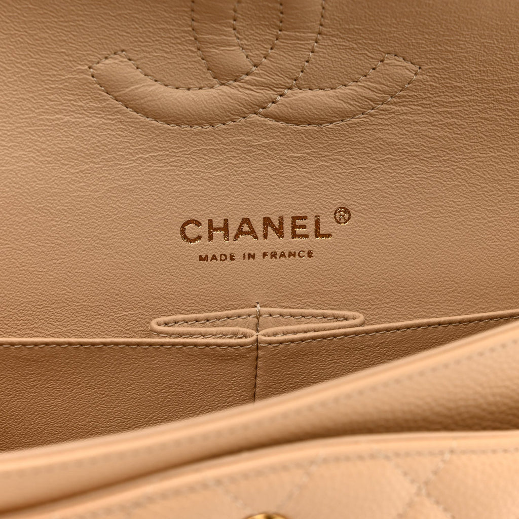 Caviar Quilted Medium Double Flap Beige