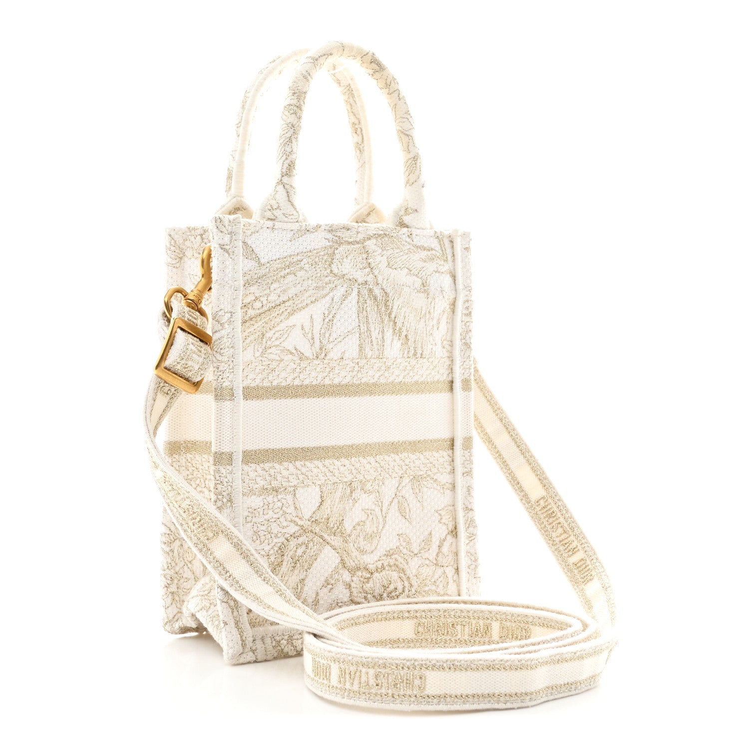 Canvas Embroidered Jardin D'Hiver Mini Book Tote Phone Bag White Gold