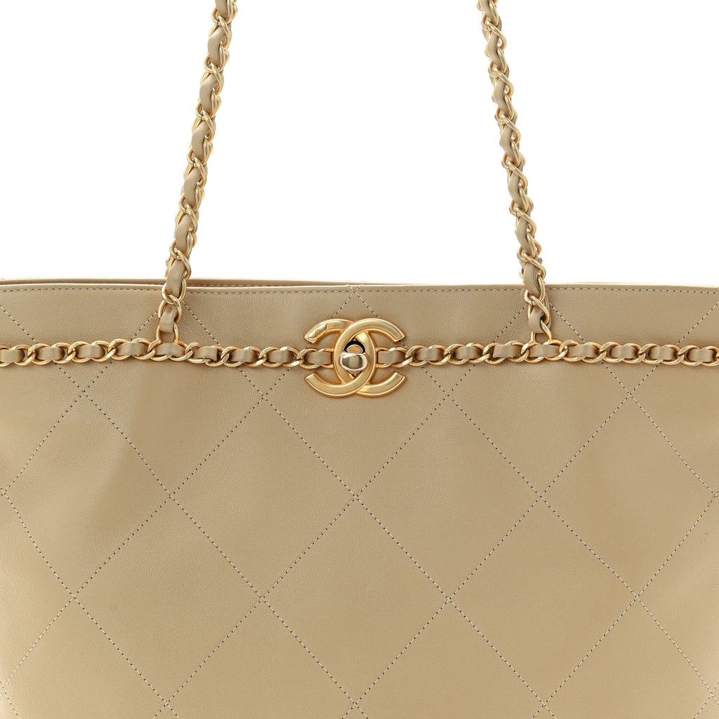 Calfskin Stitched Small Shopping Tote Dark Beige