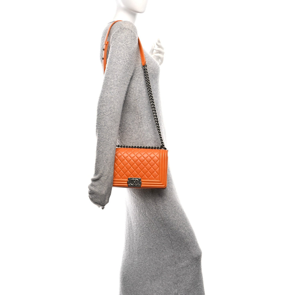 Lambskin Quilted Medium Boy Flap Orange