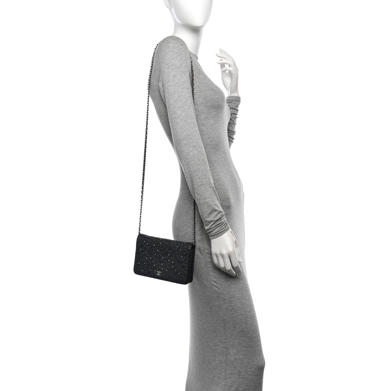 Lambskin Camellia Studded Wallet on Chain WOC Grey