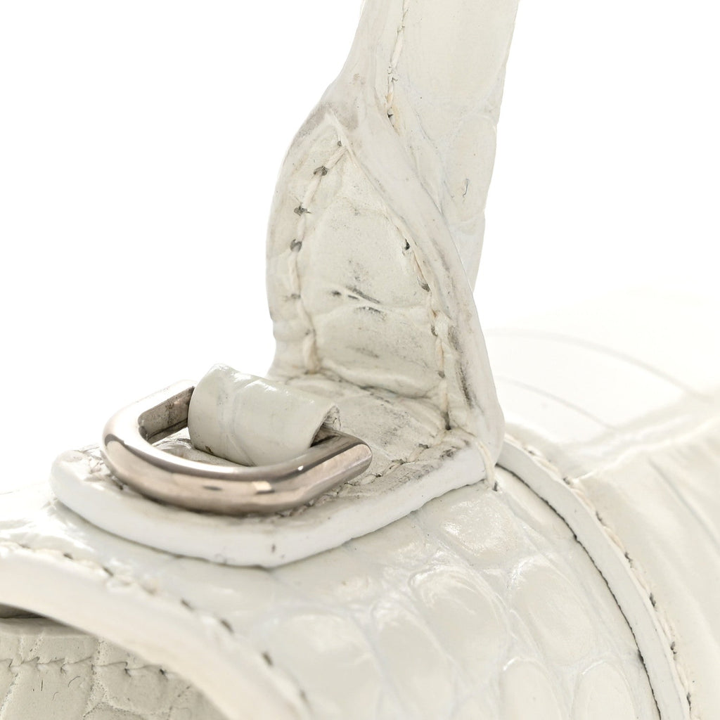 Shiny Calfskin Crocodile Embossed Hourglass Top Handle Bag XS White