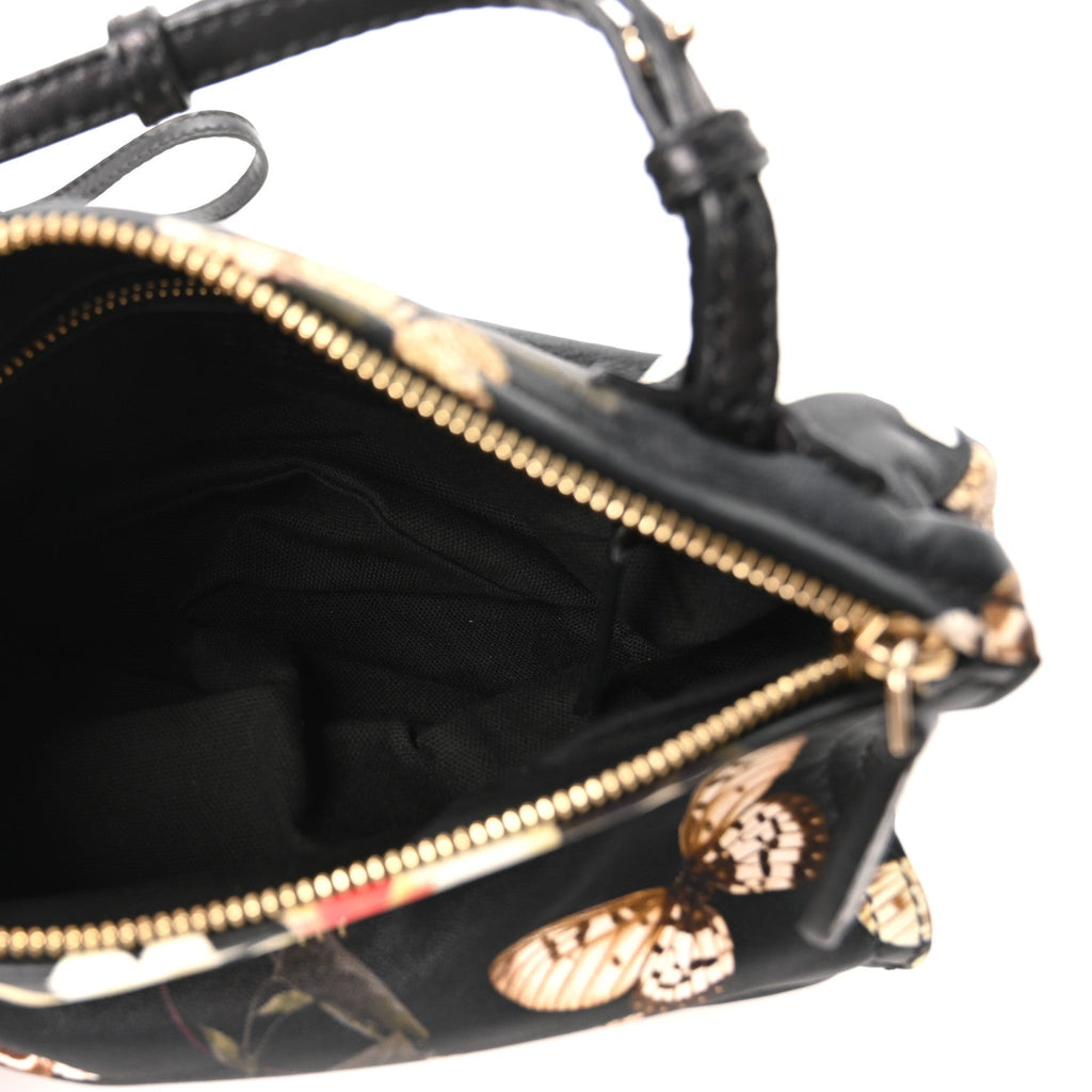 Lambskin Magnolia and Moth Print Mini Pandora Black