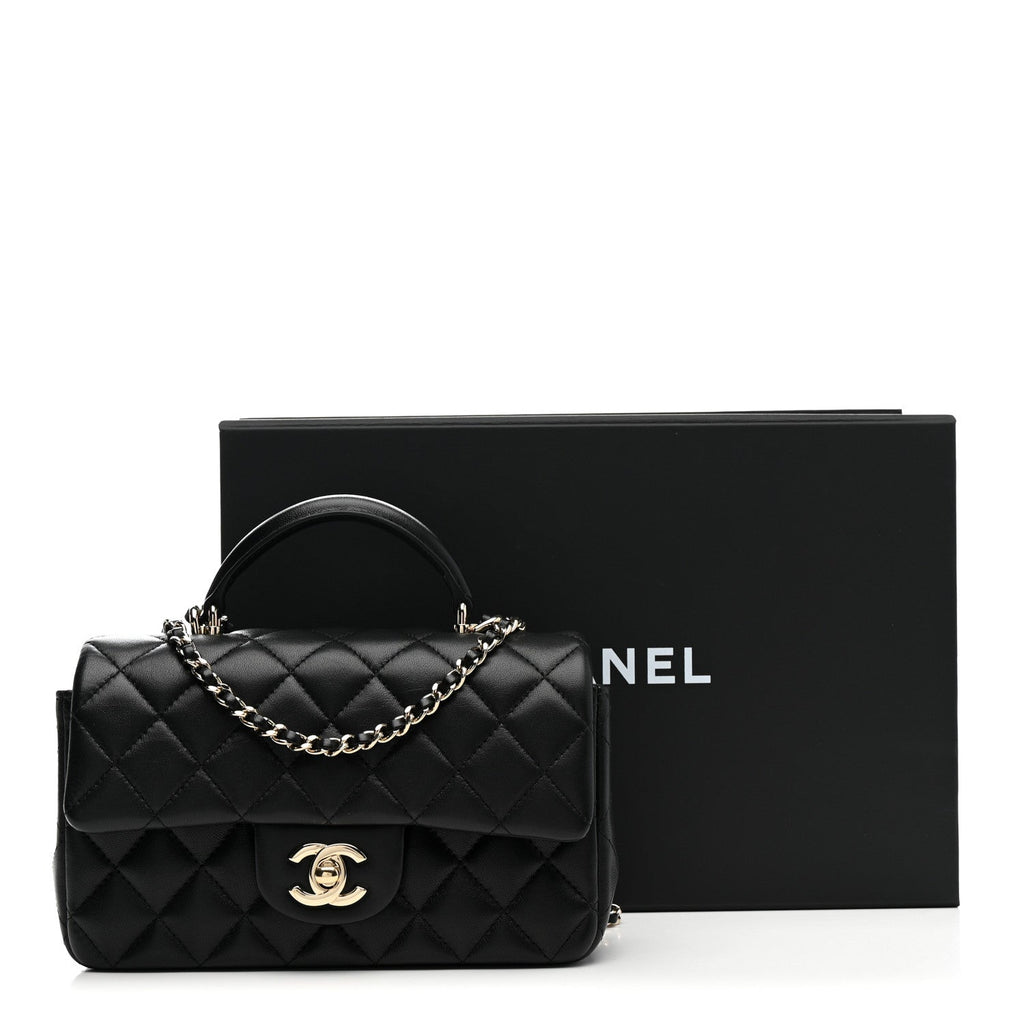 Lambskin Quilted Mini Top Handle Rectangular Flap Black