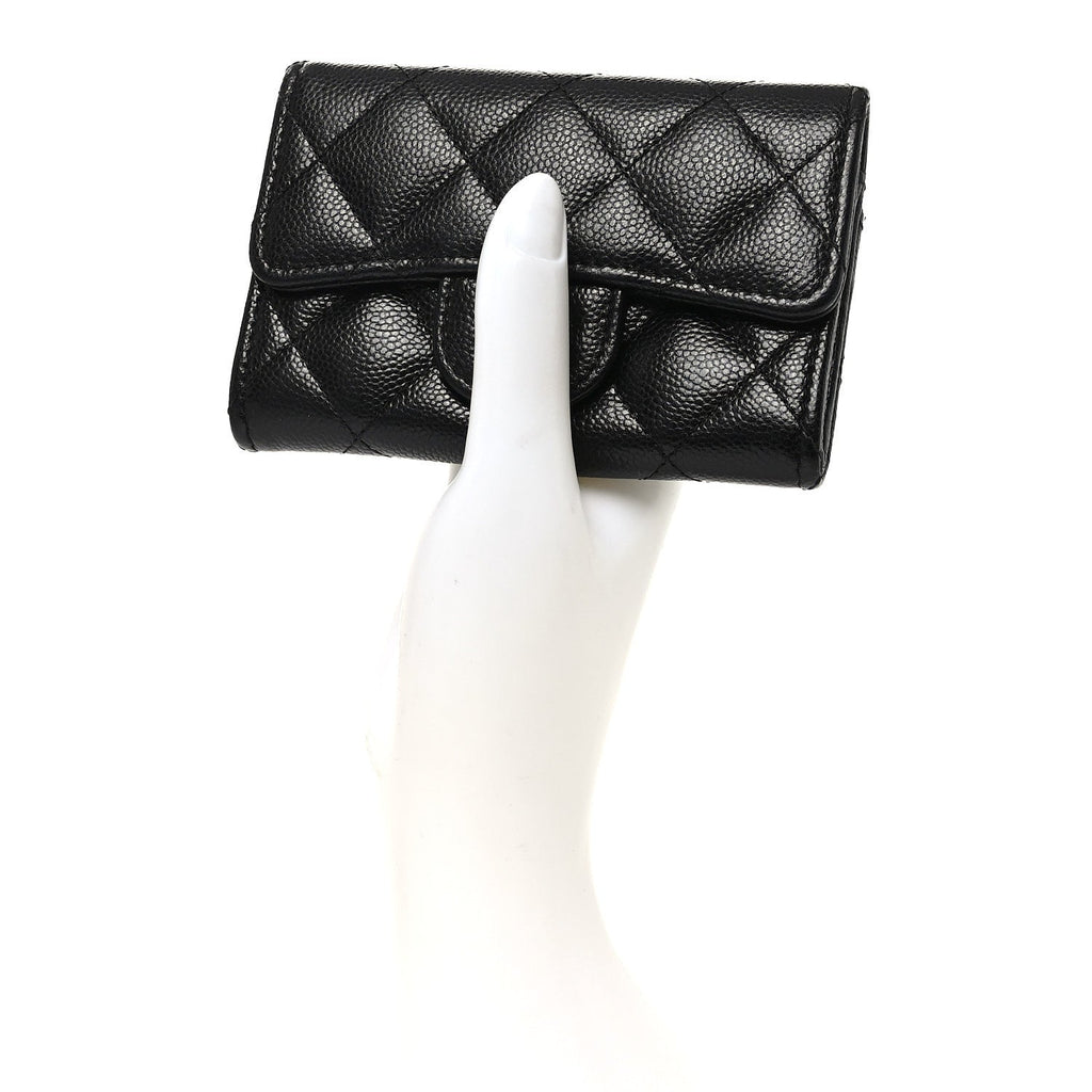 Caviar Quilted Flap  Holder Wallet Black