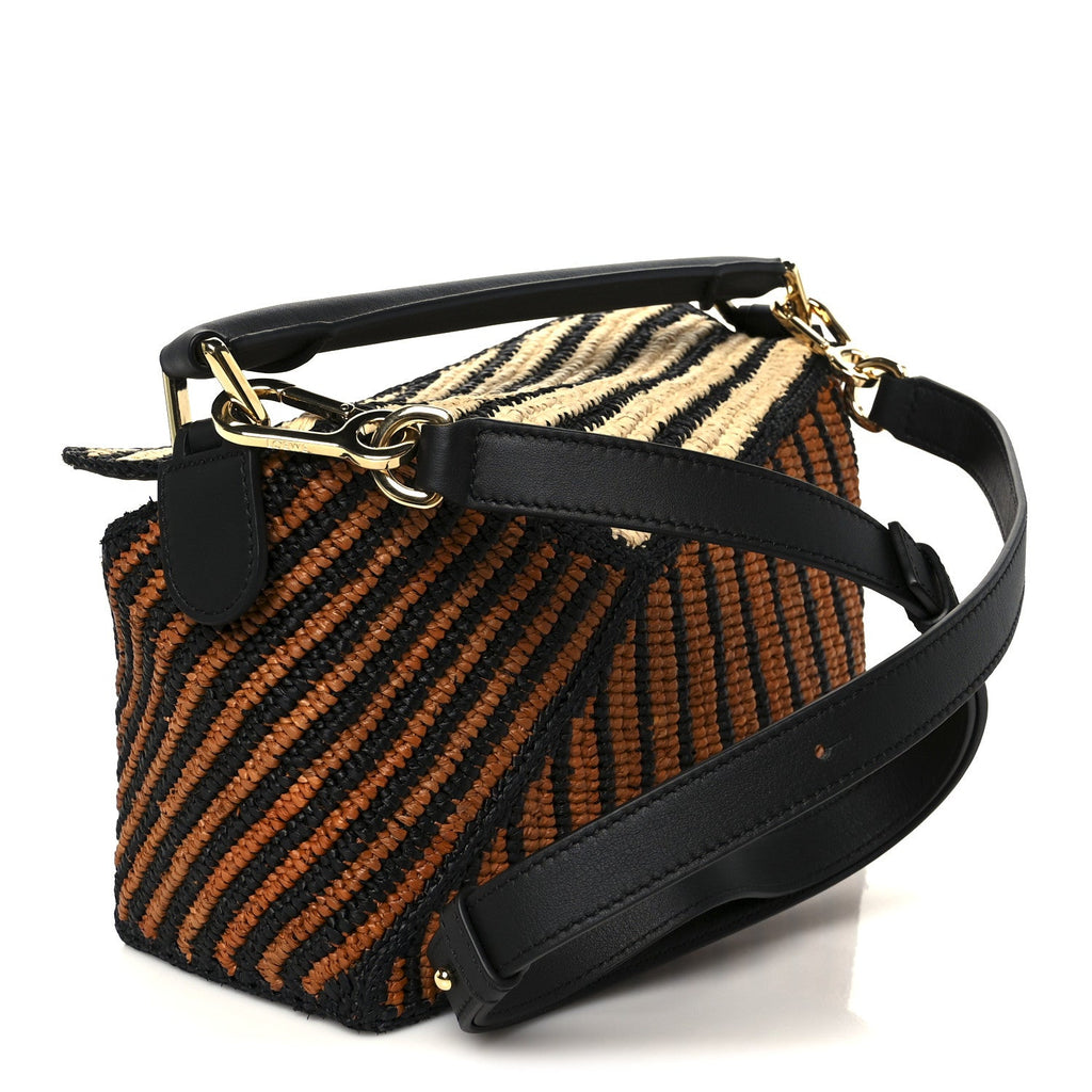 Calfskin Raffia Paula's Ibiza Small Puzzle Edge Bag Natural Honey Gold