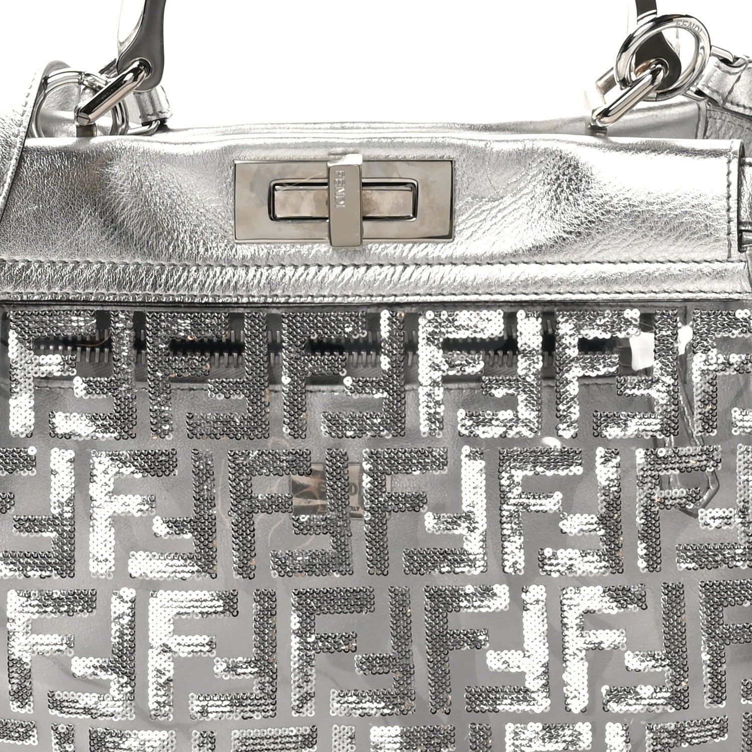 PVC Vitello Catalan Mirror Sequin FF Medium Peekaboo Iconic Satchel Argento