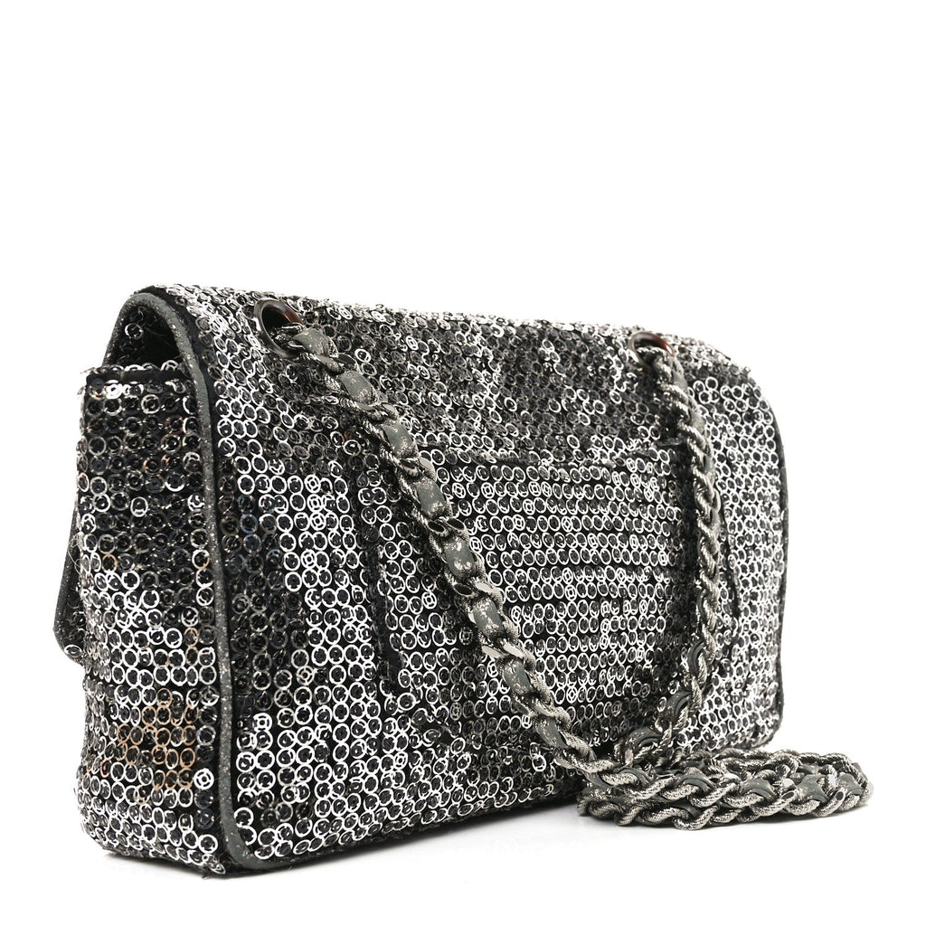 Sequin Medium Single Flap Dark Silver