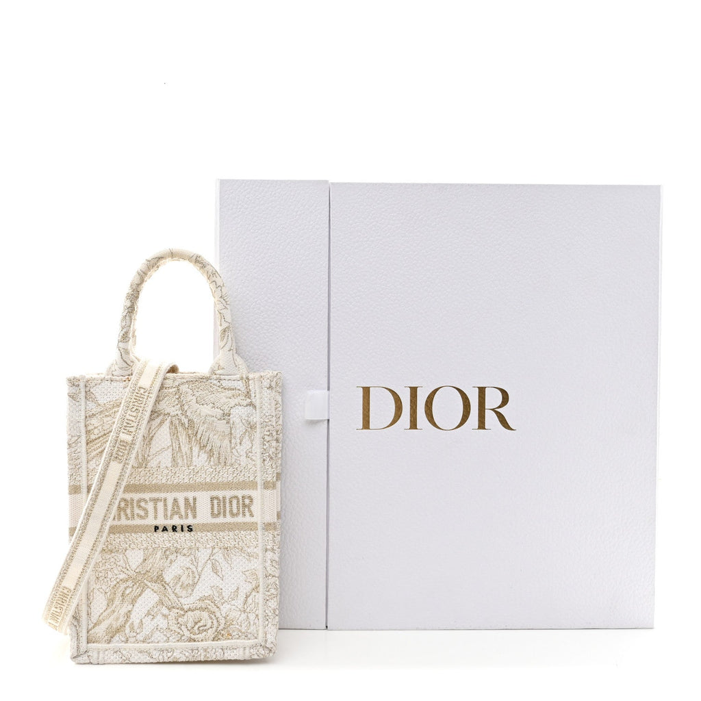 Canvas Embroidered Jardin D'Hiver Mini Book Tote Phone Bag White Gold