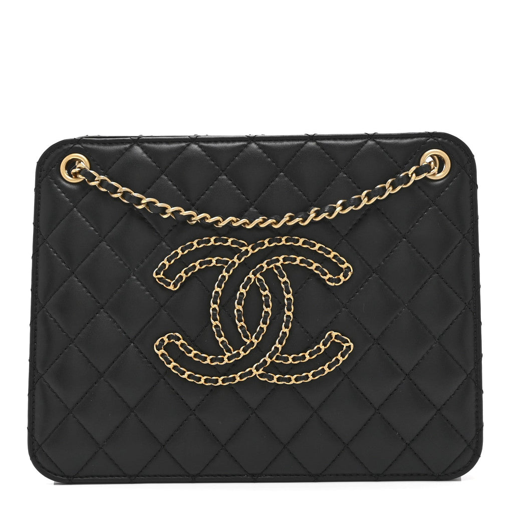 Calfskin Quilted CC Chain Accordion Tote Black