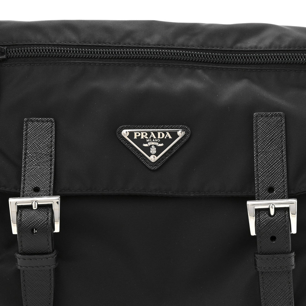 Re-Nylon Vela Saffiano Pocket Double Buckle Messenger Shoulder Bag Black