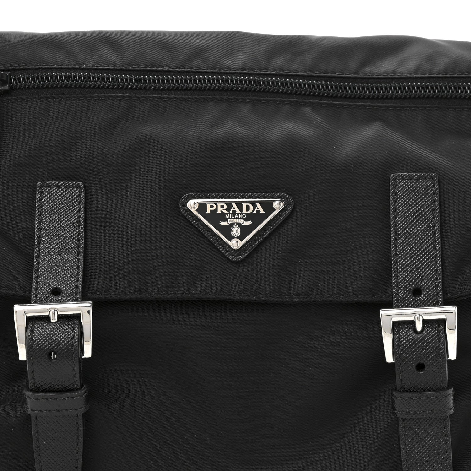 Re-Nylon Vela Saffiano Pocket Double Buckle Messenger Shoulder Bag Black