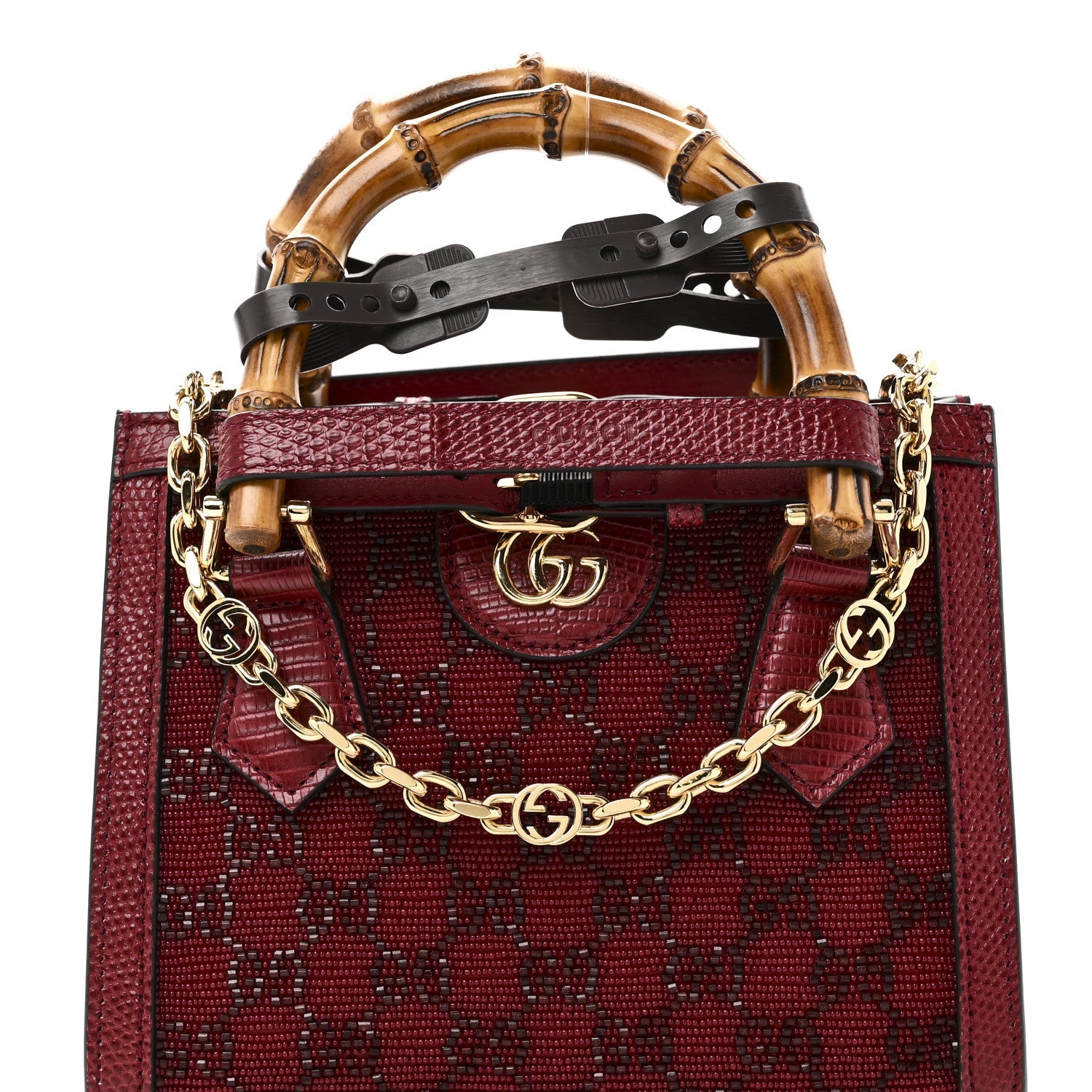 Moire Fabric Calfskin Rhinestone Monogram Monochrome Lizard Embossed Mini Diana Tote Bag Red