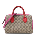 GG Supreme Monogram Moon Calfskin Small Boston Beige Ebony Hibiscus Red New Rosette
