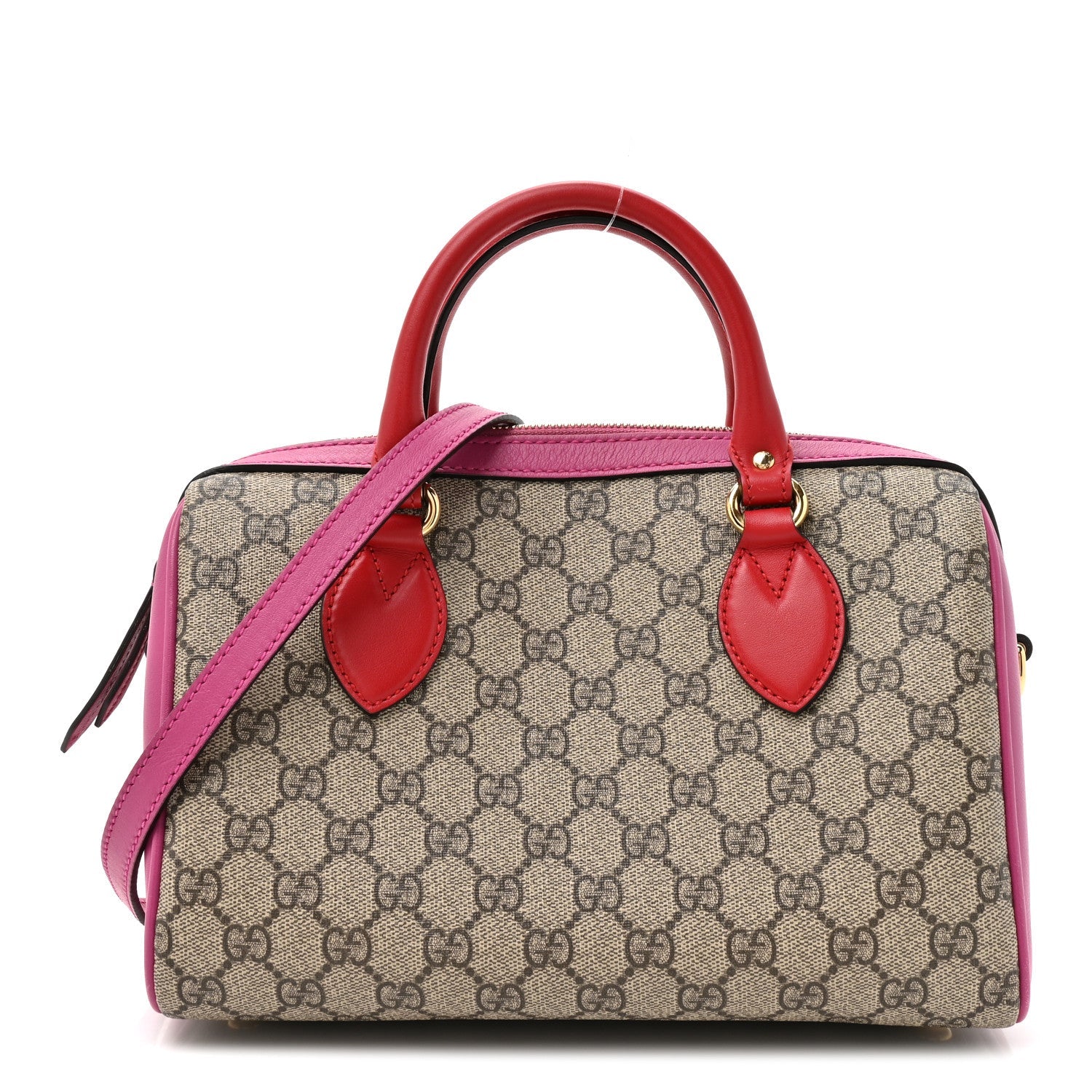 GG Supreme Monogram Moon Calfskin Small Boston Beige Ebony Hibiscus Red New Rosette