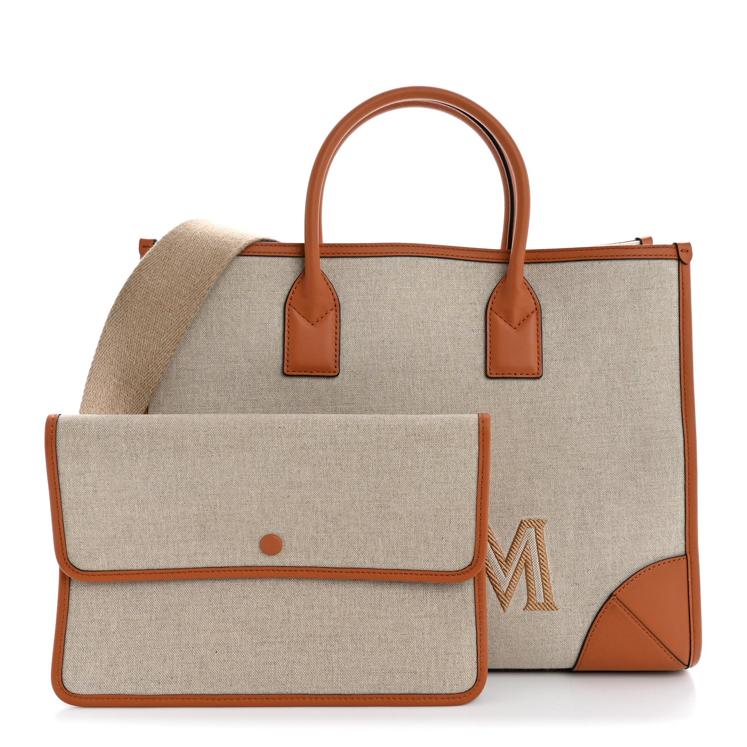 Calfskin Linen Large Munchen Tote Cognac