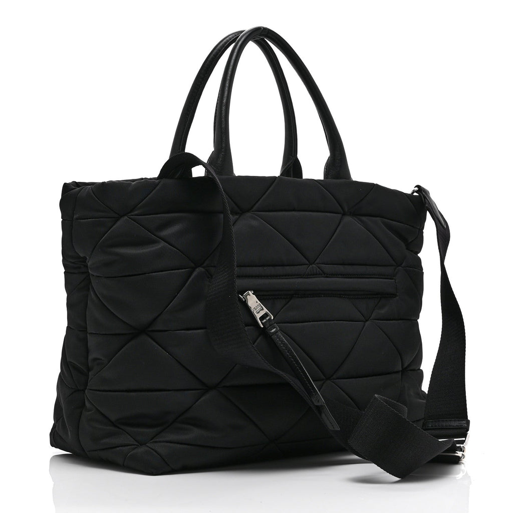 Re-Nylon Nappa Triangle Quilted Padded Medium Double Handled Zip Tote Black