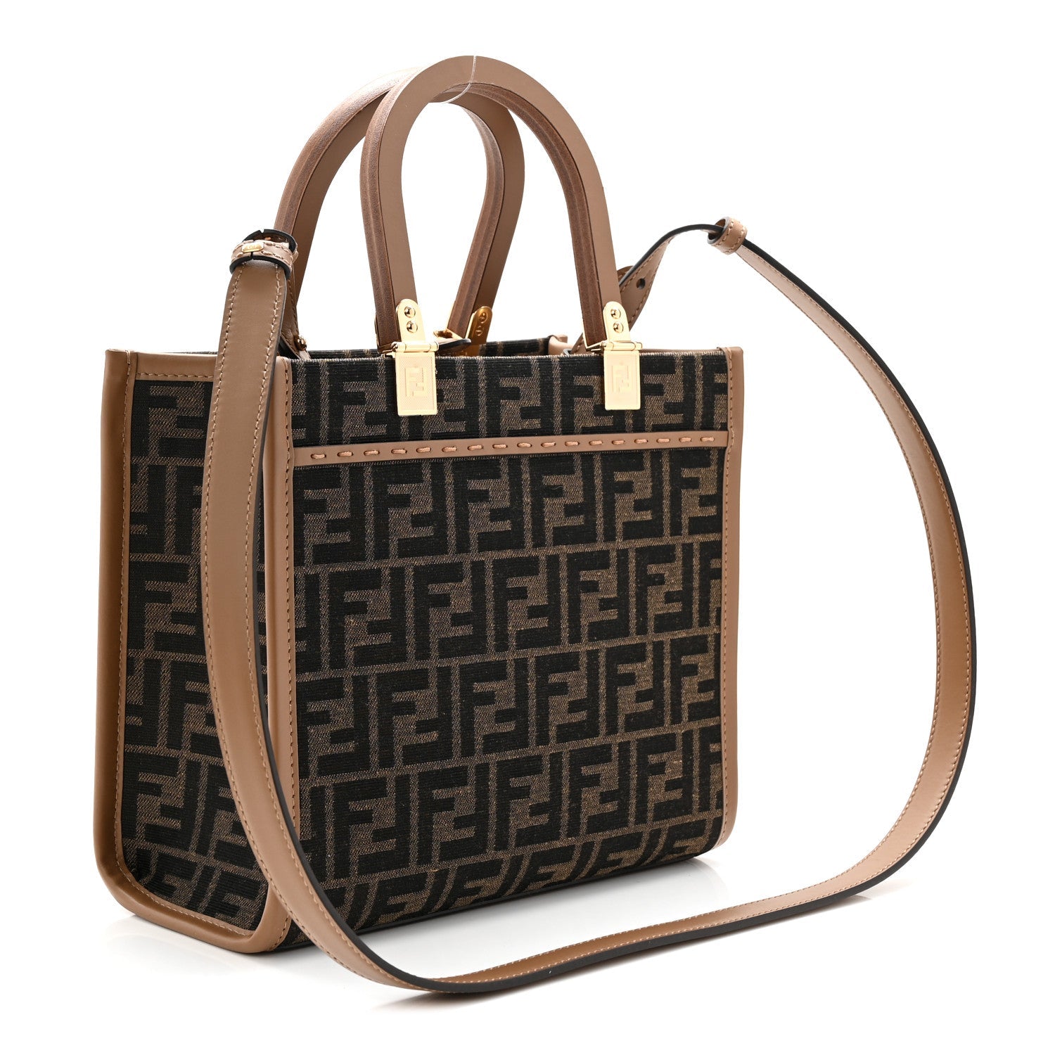 Fabric Jacquard FF 1974 Logo Small Fendi Sunshine Shopper Tote Tobacco Moro Sand