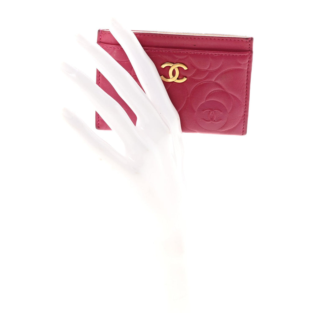 Lambskin Camellia Embossed  Holder Fuchsia