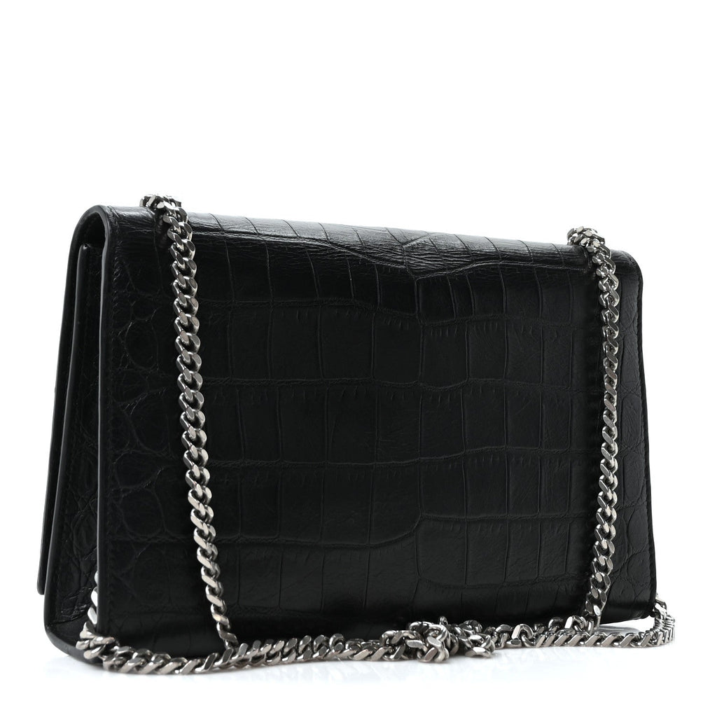 Calfskin Crocodile Embossed Medium Classic Monogram Kate Tassel Satchel Black