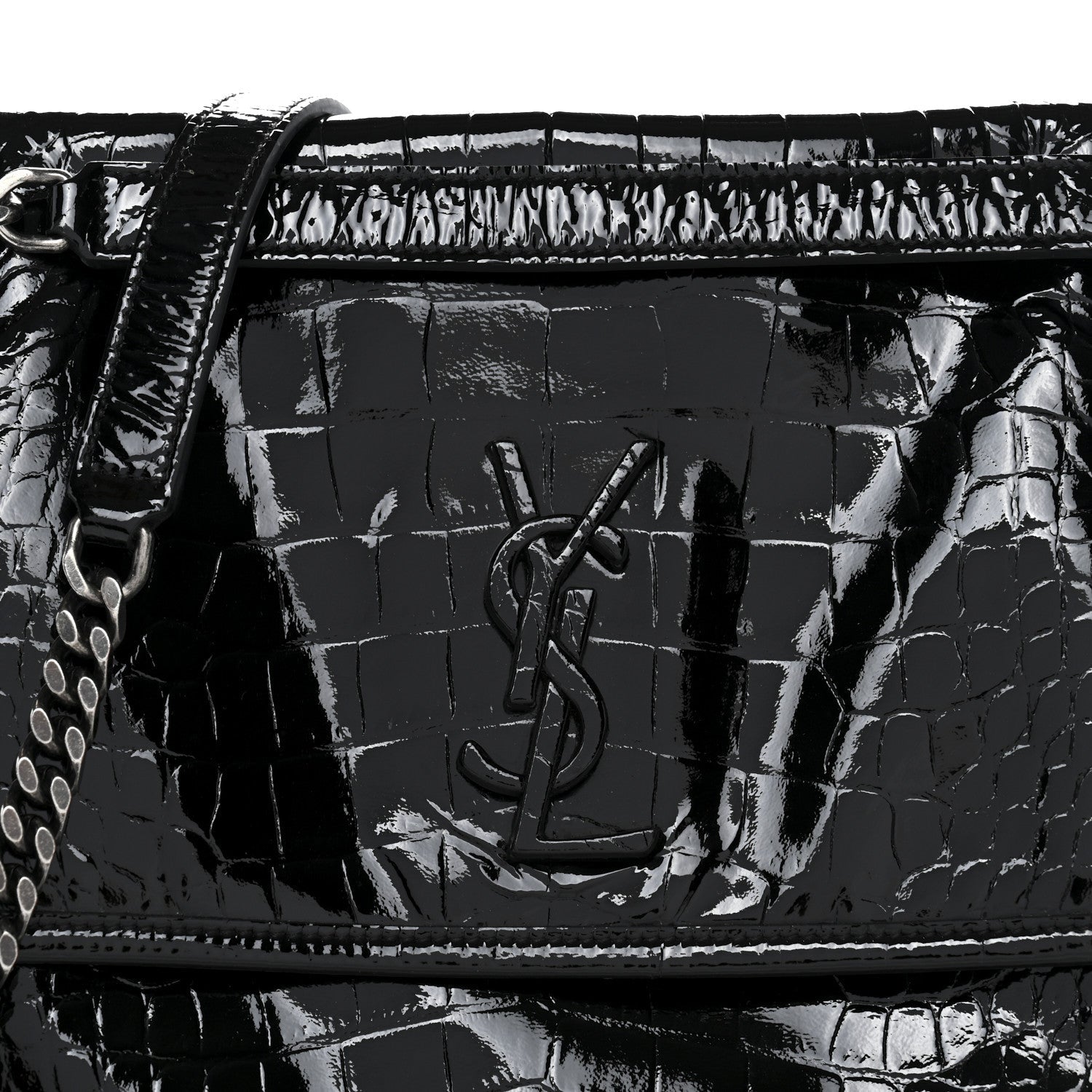 Patent Crocodile Embossed Lambskin Monogram Medium Niki Chain Satchel Black
