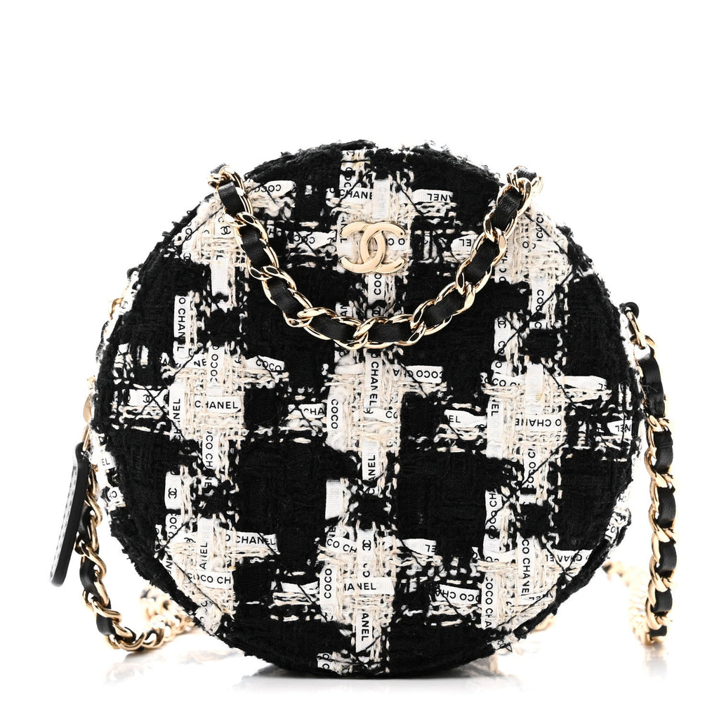Tweed Quilted Round Clutch With Chain Black Ecru White