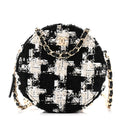 Tweed Quilted Round Clutch With Chain Black Ecru White