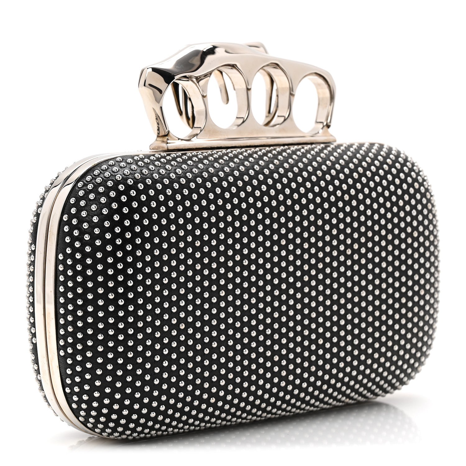 Calfskin Studded Skull Four Ring Knuckle Clutch Black